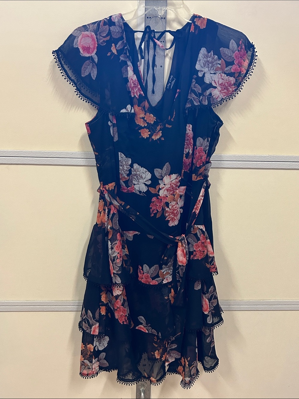 City Chic Black Floral Midi Dress with Pink & Peach Blooms L/20